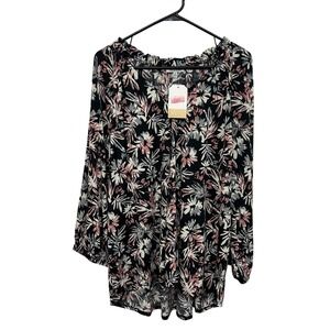 White Birch Floral Ruffle Neck Blouse NWT 3X Boho Chic Long Sleeve Flowy Top